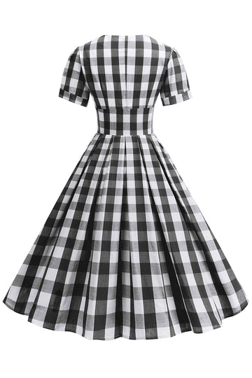 Sort V-hals Plaid Vintage 1950'erne kjole